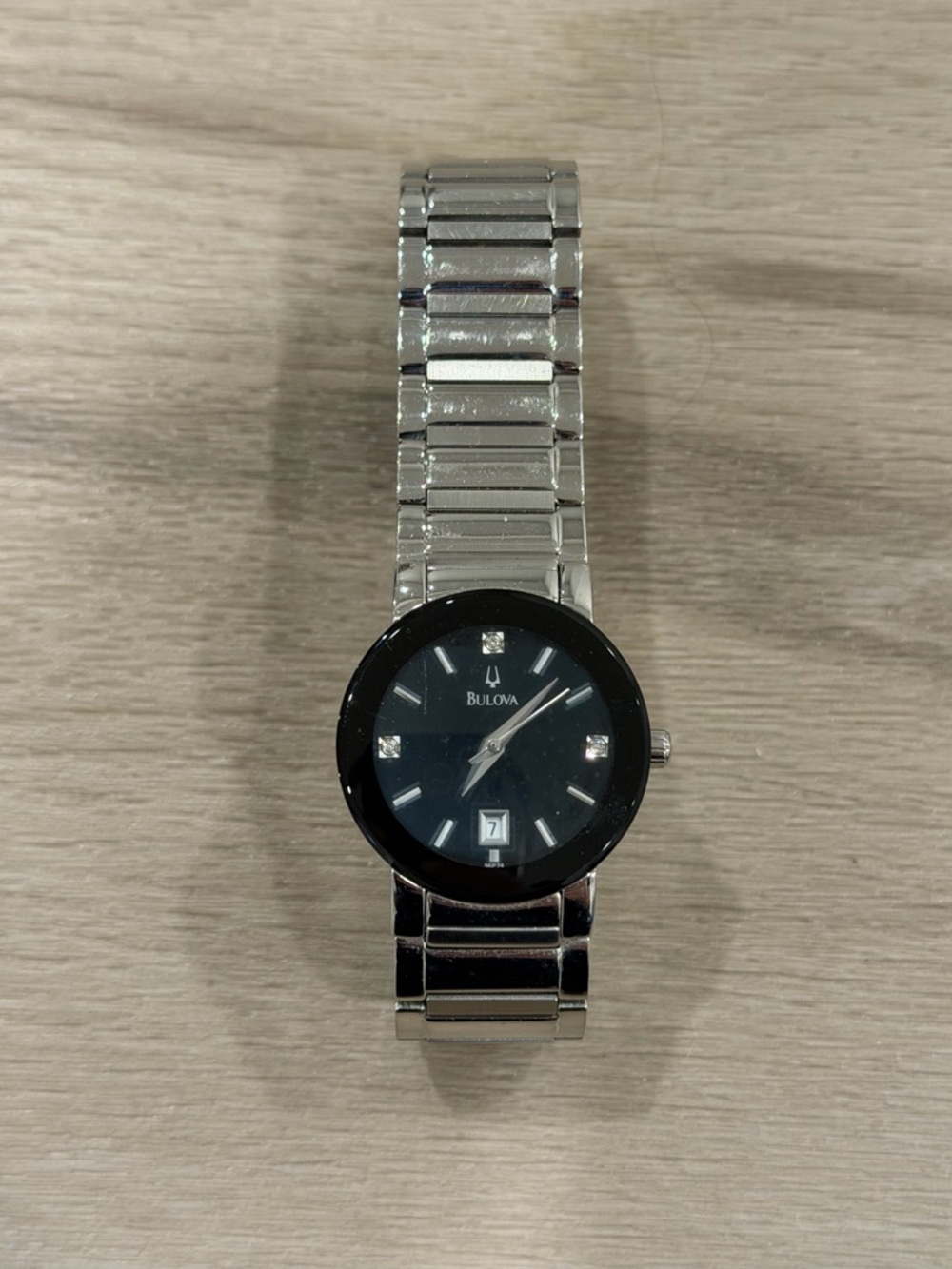 Bulova Modern Men's Watch Black Dial 3-Diamond Markers Stainless Steel 96D18